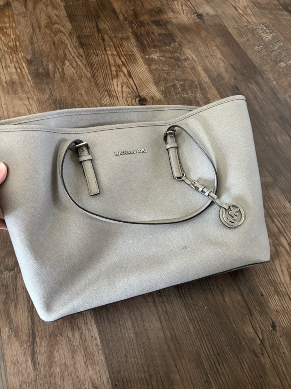 Michael Kors Light Gray Saffiano Leather Tote with MK Charm